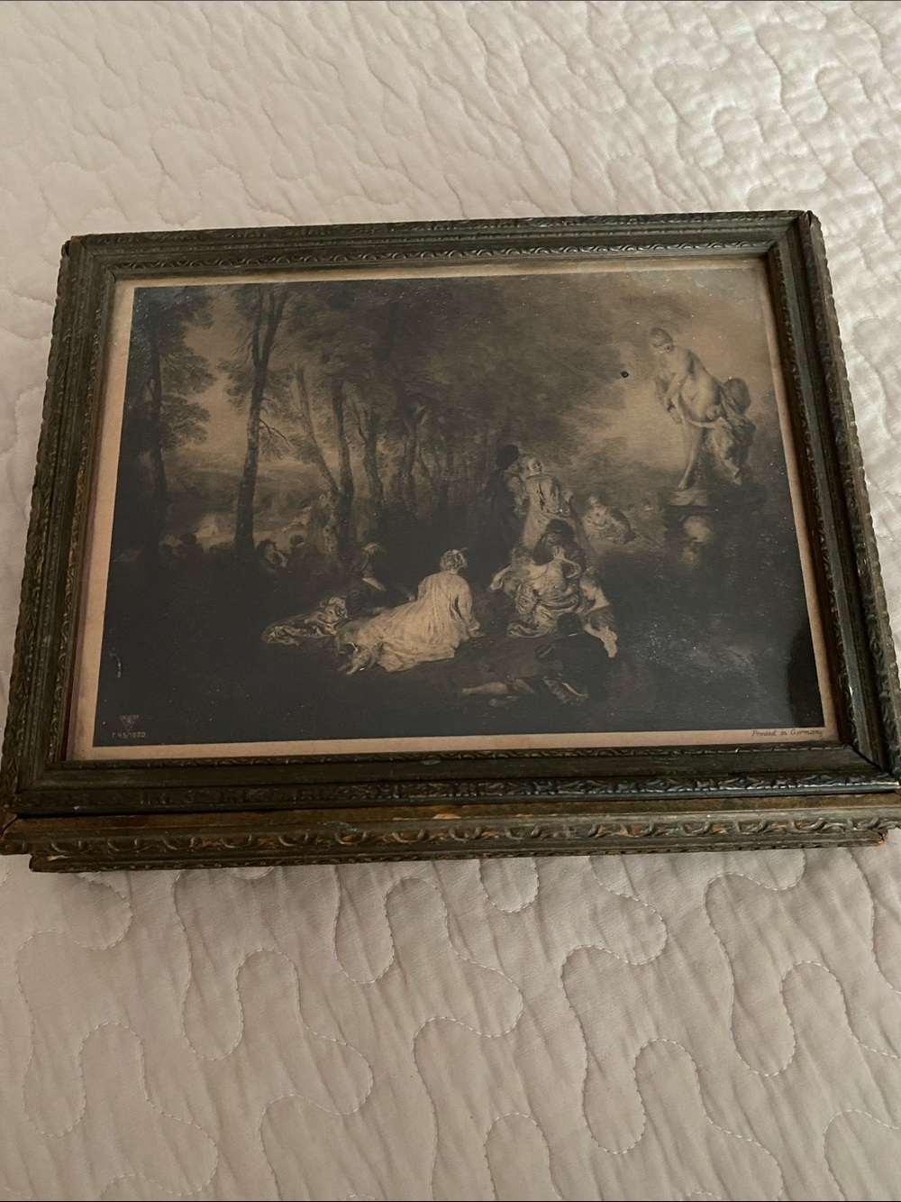 Vintage ornate trinket/jewelry box with Rococo print and mirror on underside